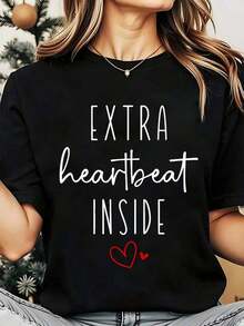Soft, Breathable, And Lightweight For All-Day Comfort. Women's Crew Neck T-Shirt With A Heartbeat Print On The Inside, Ideal For Casual Wear During Christmas And Holidays, 220g. Classic Crew Neck With A Relaxed Fit That Flatters All Body Shapes And Is Easy To Pair With Jeans, Shorts, And Leggings. - 黑色 - 查看 1