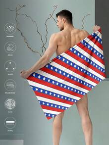 1pc American Independence Day Style Red White Blue Striped Print Beach Towel, Large Size Soft Absorbent Striped Beach Bath Towel, Suitable For Travel, Vacation, Sports, Bathroom, Pool And Camping, Strong Water Absorption - Multicolor - View 3