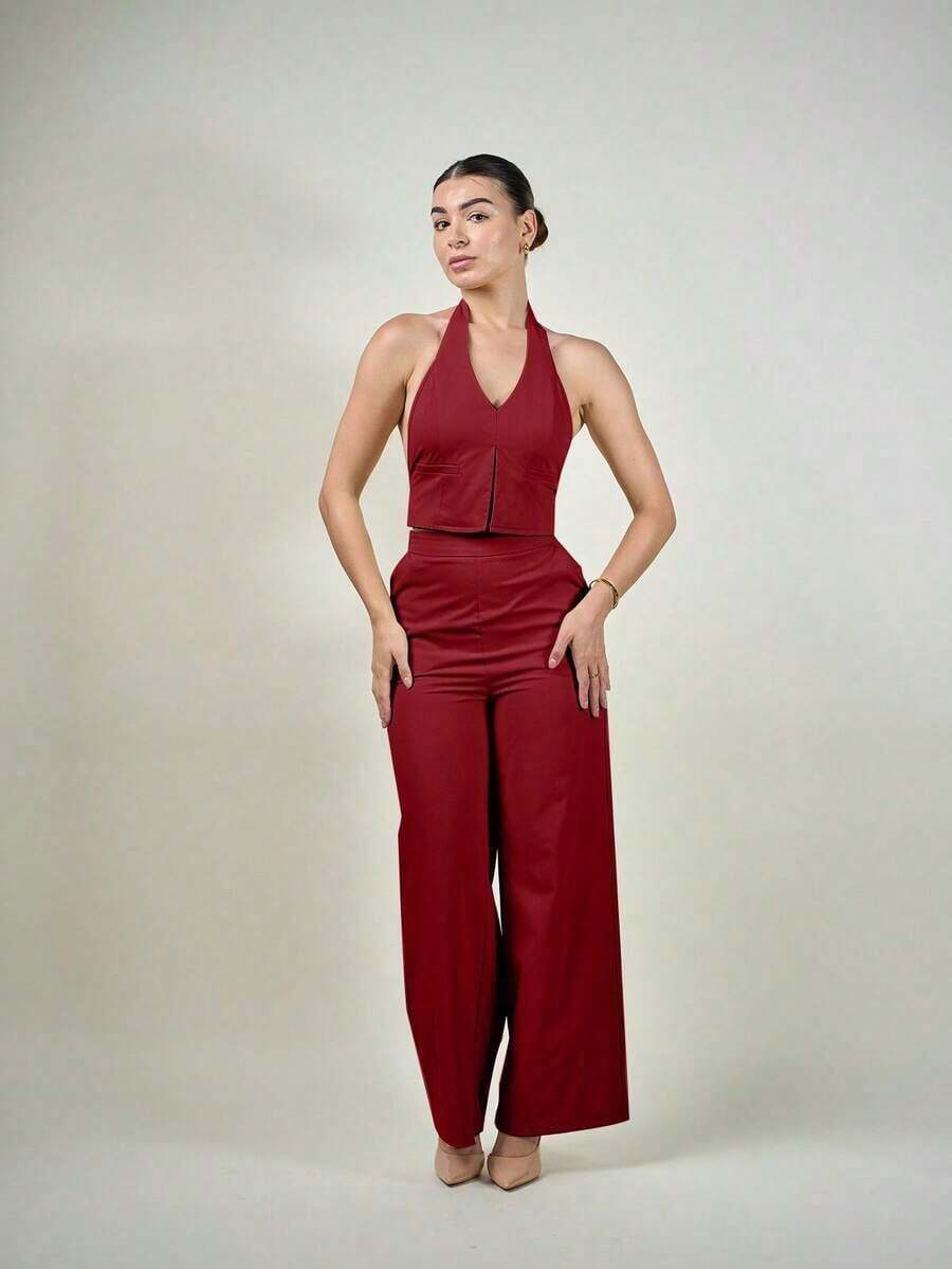 Top sin mangas con cuello en V y espalda abierta para mujer de oficina en primavera/verano y pantalones anchos de pierna, conjunto de estilismo adelgazante y alargador para ropa casual - Rojo - Ver 1