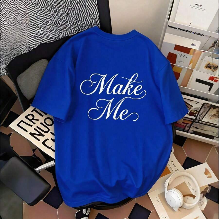 Women's Oversized T-Shirt With Retro Graphic Print, 'Make Me' Typography Design, Casual Everyday Top, Loose Fit, Machine Washable, Stylish Women's Top | Pure Cotton Casual Everyday Top - 藍色 - 查看 1