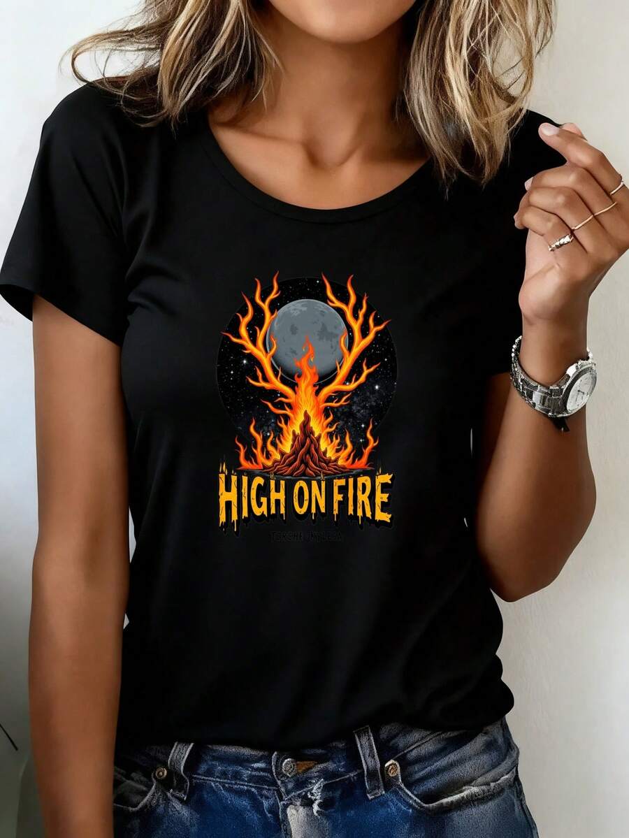 Camiseta Deportiva Casual para con Gráfico de Llama Naranja y Luna - Camiseta Elástica de Cuello Redondo, Lavable aáquina, Ajuste Cómodo y Perfecta para Todas las Estaciones. - Negro - Ver 1