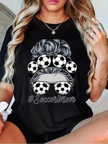 Camiseta Deportiva Casual para Mujer con Diseño de Peluquería y Balón de Fútbol - Camiseta Negra Elástica de Cuello Redondo, Lavable aáquina, Confortable y Perfecta para Todas las Estaciones, para Amantes del Fútbol. - Negro - Ver 1
