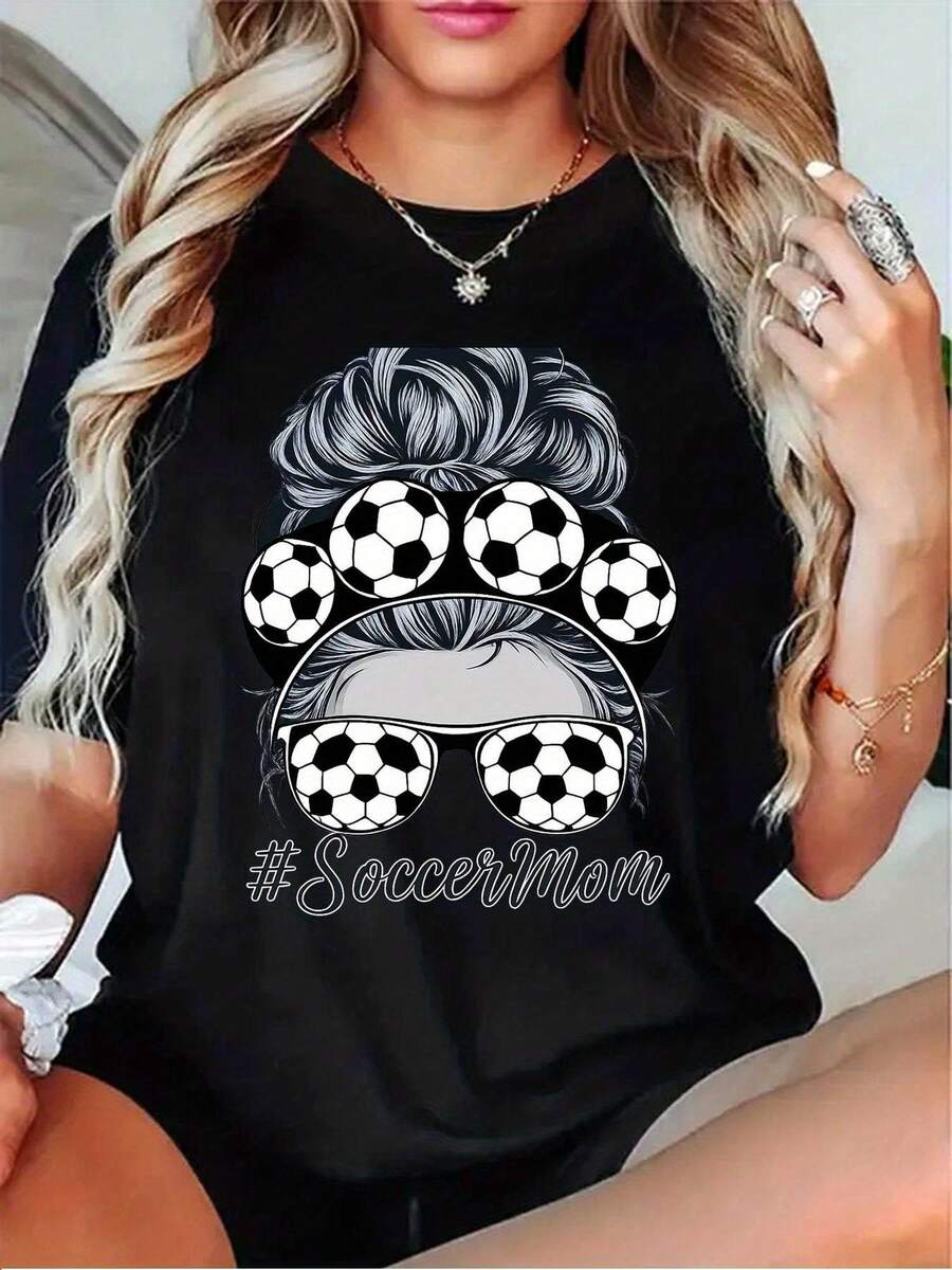 Camiseta Deportiva Casual para Mujer con Diseño de Peluquería y Balón de Fútbol - Camiseta Negra Elástica de Cuello Redondo, Lavable aáquina, Confortable y Perfecta para Todas las Estaciones, para Amantes del Fútbol. - Negro - Ver 1