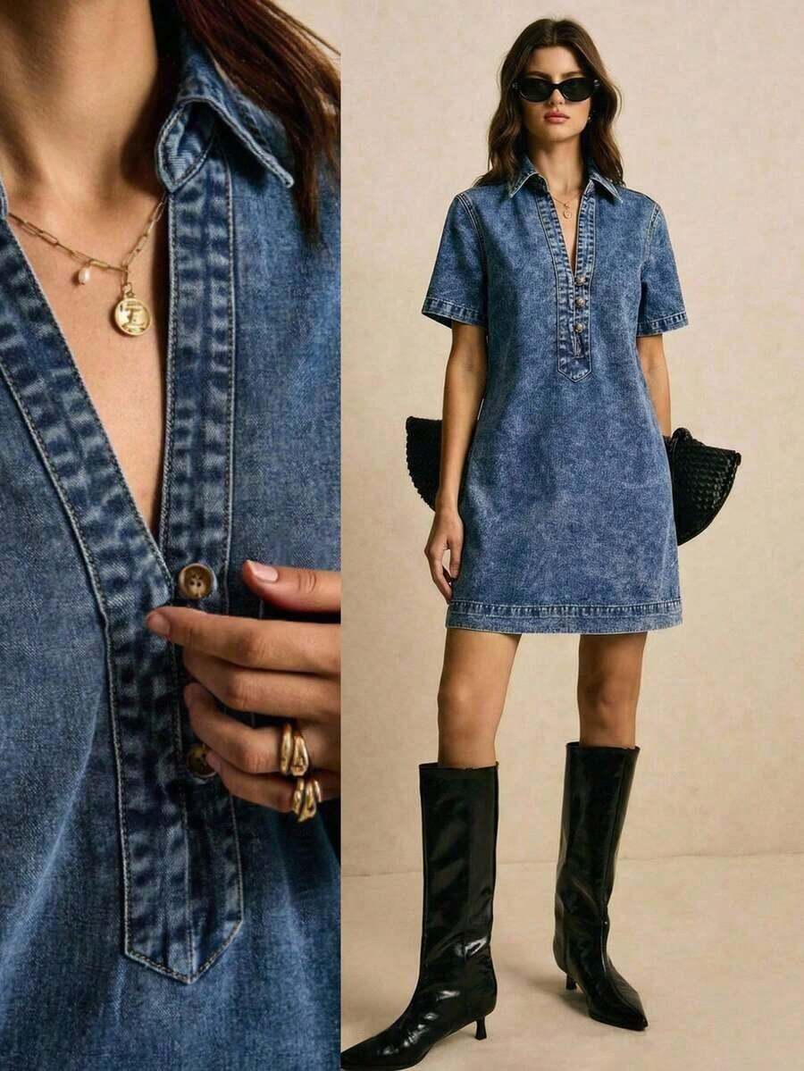 Vestido casual de mujer de manga corta en denim lavado - Azul lavado medio - Ver 1