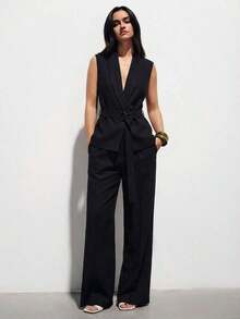 Nuevo conjunto de 2 piezas para mujer con chaleco tipo blazer sin mangas con aspecto de lino y pantalones rectos - Negro - Ver 8