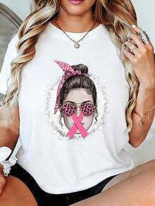 Women's T-Shirt In Support Of Breast Cancer Prevention - White Round Neck T-Shirt With A Pink Ribbon Design, Floral Border And An Elegant Feminine Illustration, A Soft Summer Blouse, A Fashionable Gift To Promote And Support Breast Cancer Awareness. - 白色 - 查看 12