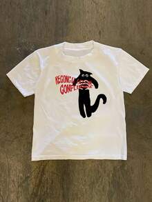 Playeras de mujer: Camiseta de manga corta con estampado de dibujos animados de gato de la marca de moda americana para mujer, estilo de pareja de verano, corte holgado casual, camiseta de media manga estilo boyfriend. Blusas casuales para dama. - Blanco - Ver 7