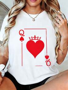 Women's T-Shirt With Heart And Poker Queen Print - Minimalist Design With Red Heart-Shaped Crown Print, Soft Crew Neck T-Shirt, Fashionable And Breathable For Summer, Perfect Gift For Women, Ideal For Birthdays, Valentine's Day, Halloween Or Everyday Wear. - 白色 - 查看 1