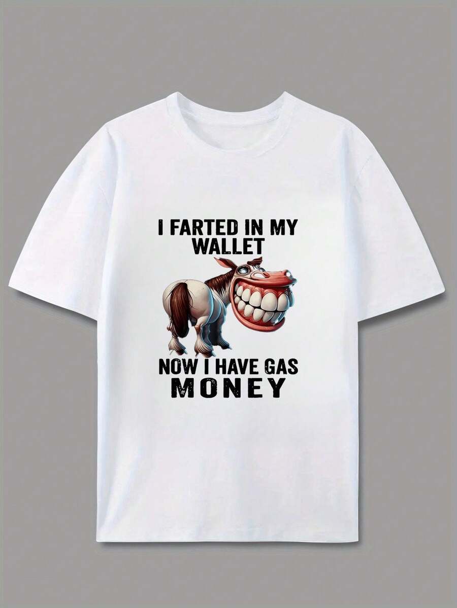Funny Men's T-Shirt "I Ordered Diarrhea In My Wallet, Now I Have Money For Gas" - Humorous T-Shirt With Vintage Horse Design, Suitable For Casual Wear, Gifts And Daily Summer-Autumn Outfits - Machine Washable, Crew Neck Design With Order Joke. - 白色 - 查看 1