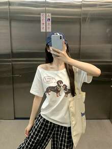 Y2K 韩版甜辣香肠狗印花露肩短袖T恤，女款，休闲宽松露脐上衣，适合学生，百搭夏季日常穿着，白色 - 白色 - 查看 3