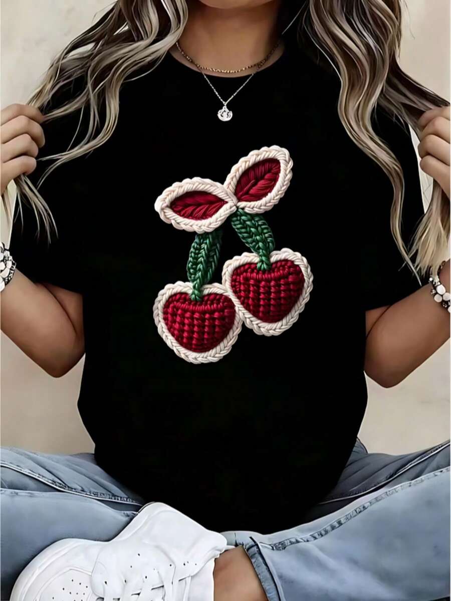 Diseño de sublimación para camiseta de mujer con cuello redondo, estampado de lazo y cereza, estilo femenino tierno y dulce, ideal para el Día de la Madre. - Negro - Ver 1