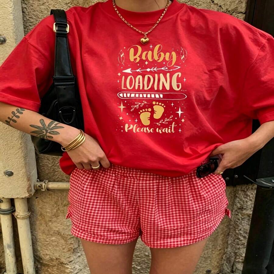 Cute Daily Casual Graphic T-Shirt 100% Cotton Oversized Soft Breathable Casual Crewneck Short Sleeve Top Aesthetic Daily Fashion Lovers Casual Wearers Gift Givers Basic - 紅色 - 查看 1