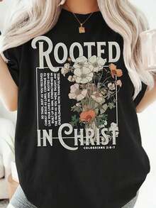 Camiseta ajustada de cuello redondo para mujer, camiseta cristiana para mujer, camiseta casual de una pieza para mujer con diseño floral inspirado en Cristo y estampado de versículos bíblicos, 100% algodón, manga corta, cuello redondo, talla regular y grande, adecuada para todas las estaciones, tejido de punto, 180 gramos, adecuada como regalo de Acción de Gracias. Ropa Diaria para Hombres y Mujeres - Adecuada para Uso Diario, Vacaciones, Fiestas - Negro - Ver 6