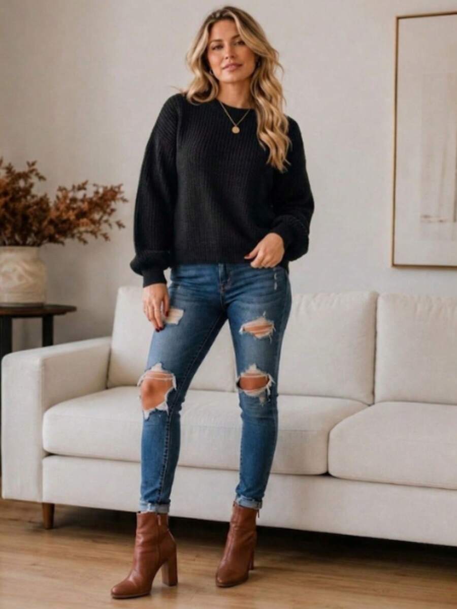 Women's Blouse Puff Sleeve Thick Round Neck Winter Knit - 黑色 - 查看 1