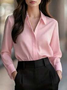 Camisa de manga larga de unicolor elegante para mujer - Blusa de cuello clásico no transparente, tela premium para primavera, verano y otoño, versátil para uso casual y profesional, lavable a máquina/limpieza en seco, diseño estilizado, textura refinada - Rosa Pálido - Ver 4