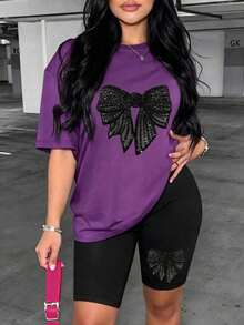 2 piezas Conjunto de top de cuello redondo morado con decoración de lazo y shorts negros para mujer - Multicolor 5 - Ver 5