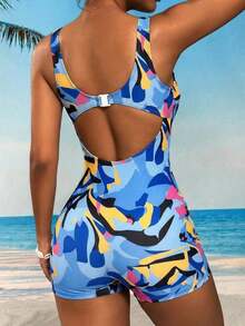 Traje de baño de una pieza con estampado floral retro y bloques de color con diseño sin espalda, de moda para el verano - Multicolor - Ver 1