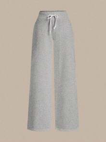 Pantalón de chándal de pierna ancha y cintura baja de unicolor de punto para mujer - Gris - Ver 6