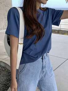 Camiseta de verano casual de cuello redondo de unicolor - Azul - Ver 3