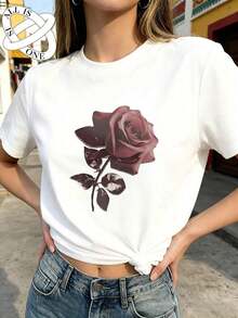 ALL IS ONE Algodón Puro playera básica holgada y adelgazante con estampado de flor de, ideal para uso diario - Blanco - Ver 6