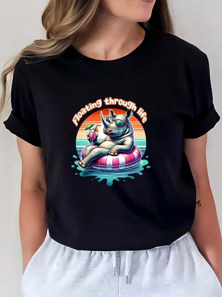 1 pieza de Playera corta 100% algodón, cuello redondo casual con estampado, rinoceronte flotante, manga corta transpirable para uso diario - Negro - Ver 1