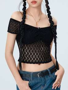 Women's Lace Crop Tops Basic Off Shoulder Short Sleeve Solid Color Slim Fit T-Shirts Ladies Tops - Black - View 6