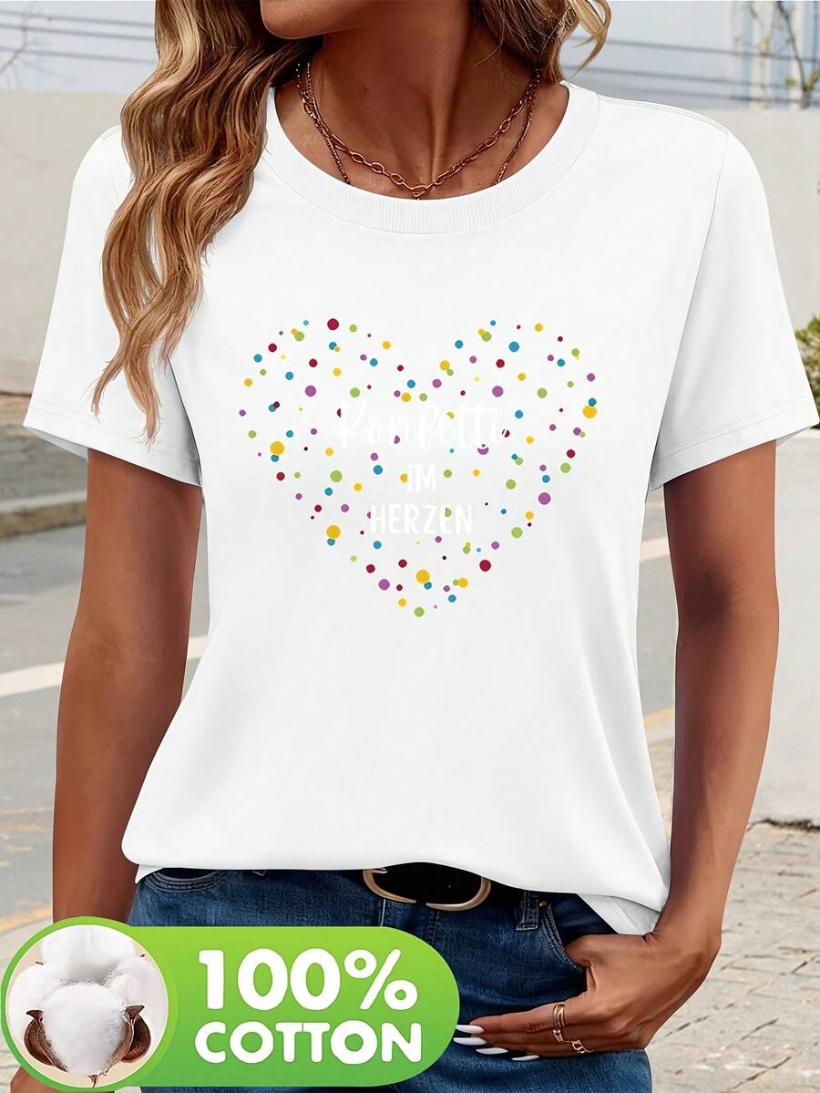 Women's Short-Sleeved T-Shirt Made From 100% Pure Cotton With A Heart Print - Comfortable, Versatile, Casual Crew Neck T-Shirt, A Spring And Summer Staple, Machine Washable, An Essential Everyday T-Shirt With A Soft Texture - [白色的] - 查看 1