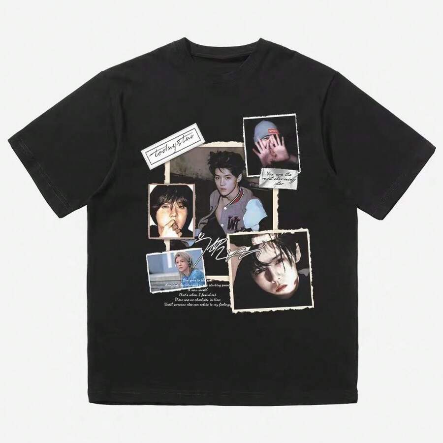Luhan Print Short-Sleeved T-Shirt, American Style, For Fan Supporters And Students, Poster Style, Modern, Unisex And Versatile. - 黑色 - 查看 1