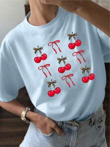 Camiseta Casual de Verano para Mujer YOCASA, con Cuello Redondo, Ajustada y de Manga Corta, con Estampado de Pintura al Óleo, Motivos Florales, de Corazones, de Cerezas y de Letras.Tela sencilla y casual, estilo deportivo, ideal para uso diario y citas de San Valentín.1 pieza, 180 g de peso, 95% poliéster, 5% spandex. - Azul - Ver 7