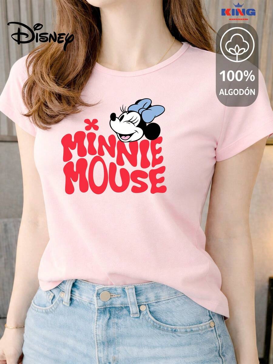 Women's T-Shirt Made Of 100% High-Quality Cotton, This T-Shirt Guarantees Exceptional Softness To The Touch, Round Neck With "Disney Minnie Mouse Retro Smile" Print And Short Sleeves - 粉色 - 查看 1