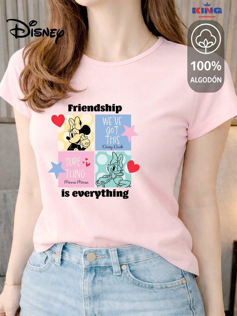Women's T-Shirt Made Of 100% High-Quality Cotton. This T-Shirt Guarantees Exceptional Softness To The Touch, A Round Neck With A "Disney Minnie & Daisy Friendship" Print, And Short Sleeves. - 粉色 - 查看 1