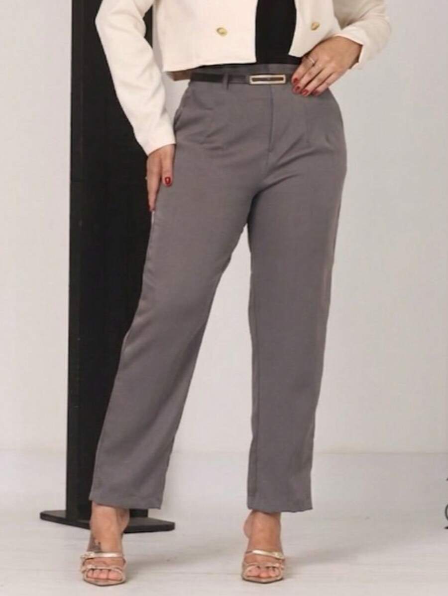 Women's High-Waisted Tailored Trousers With Belt | Elegant Formal Trousers With Pocket And Side Zipper - 1gray - Xem 1