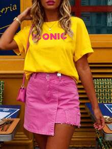Camiseta de manga corta con estampado de letras, estilo casual para vacaciones de verano - Amarillo - Ver 2