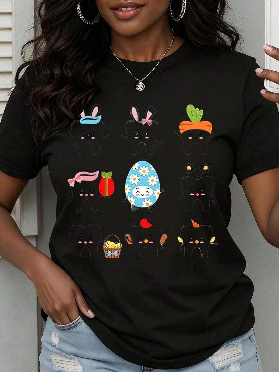T-Shirt With Adorable Tooth Fairy Characters, Easter Bunny, Basket Of Eggs And Carrot, Ice Cream - Vintage Urban Style, Unisex, Cotton, Short Sleeve, Round Neck, 100% Cotton - 黑色 - 查看 1
