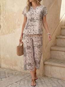 Faunlyn con estampado floral Blusa & Pantalones de pierna ancha - Albaricoque - Ver 12
