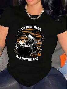 Camiseta de algodón transpirable Camiseta de algodón transpirable Camiseta de Mujer Casual para Uso Diario con Estampado de Caldero de Bruja y Elementos de Halloween, Camiseta Casual Adecuada para el Ocio Diario, ropa deportiva de mujer, blusas para mujer - Negro - Ver 6