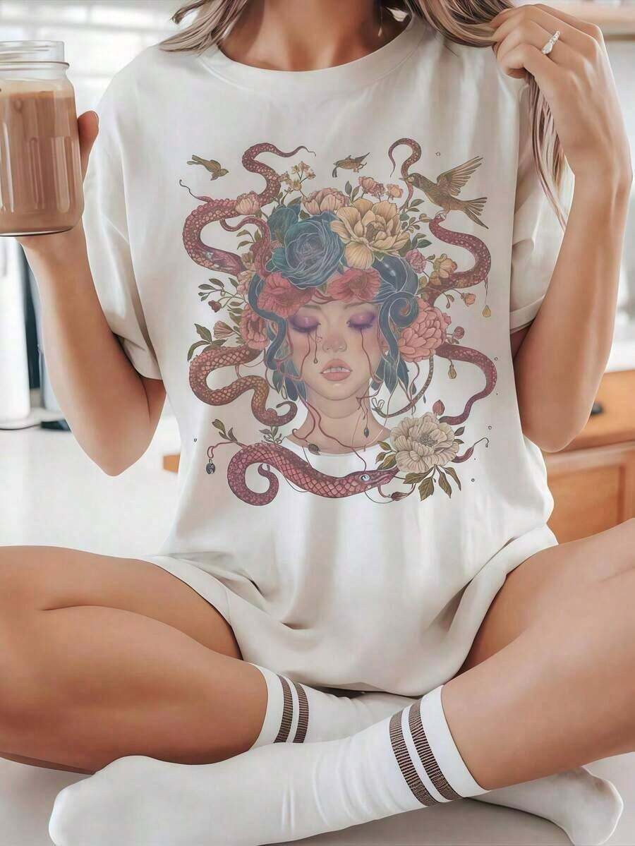 Women's Cotton T-Shirt, Oversized T-Shirt - Vintage Greek Goddess T-Shirt, Boho Witch Sweatshirt, Mythology Sweatshirt, Gift T-Shirt, Graphic Print Cotton T-Shirt, Casual Summer T-Shirt For Women, Oversized T-Shirt. - 白色 - 查看 1