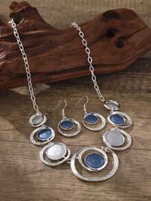 Cring Coco 2Pcs/Set Silvery Plated Blue & White Abstract Layered Necklace & Drop Earrings, Geometric Circular Statement Jewelry For Women,For Daily, Vacation & Party Wear - Round - View 10