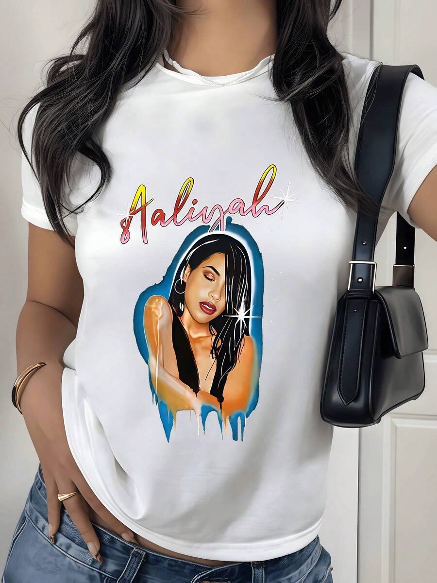Artistic Portrait Of A Woman Enveloped In Warm Tones With A Melted Paint Effect And Luminous Sparkles Symbolizing Strength, Beauty, And Inner Energy. Modern Casual Women's T-Shirt - 白色 - 查看 1