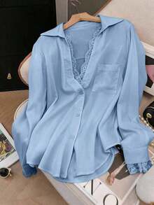 Elegant Semi-Sheer White Blouse With Long Sleeves And A V-Neck, Decorated With Delicate Contrasting Lace, For Spring - 白色 - 查看 11