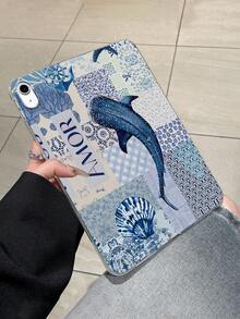 1个海岸航海风蓝鲸图案拼接透明保护套，复古海洋贝壳波浪瓷器花卉全覆盖防摔保护套，轻薄贴合，兼容iPad，适合母亲节、情人节、友谊日、生日、暑假、返校礼物、日常使用 - 無色 - 查看 2