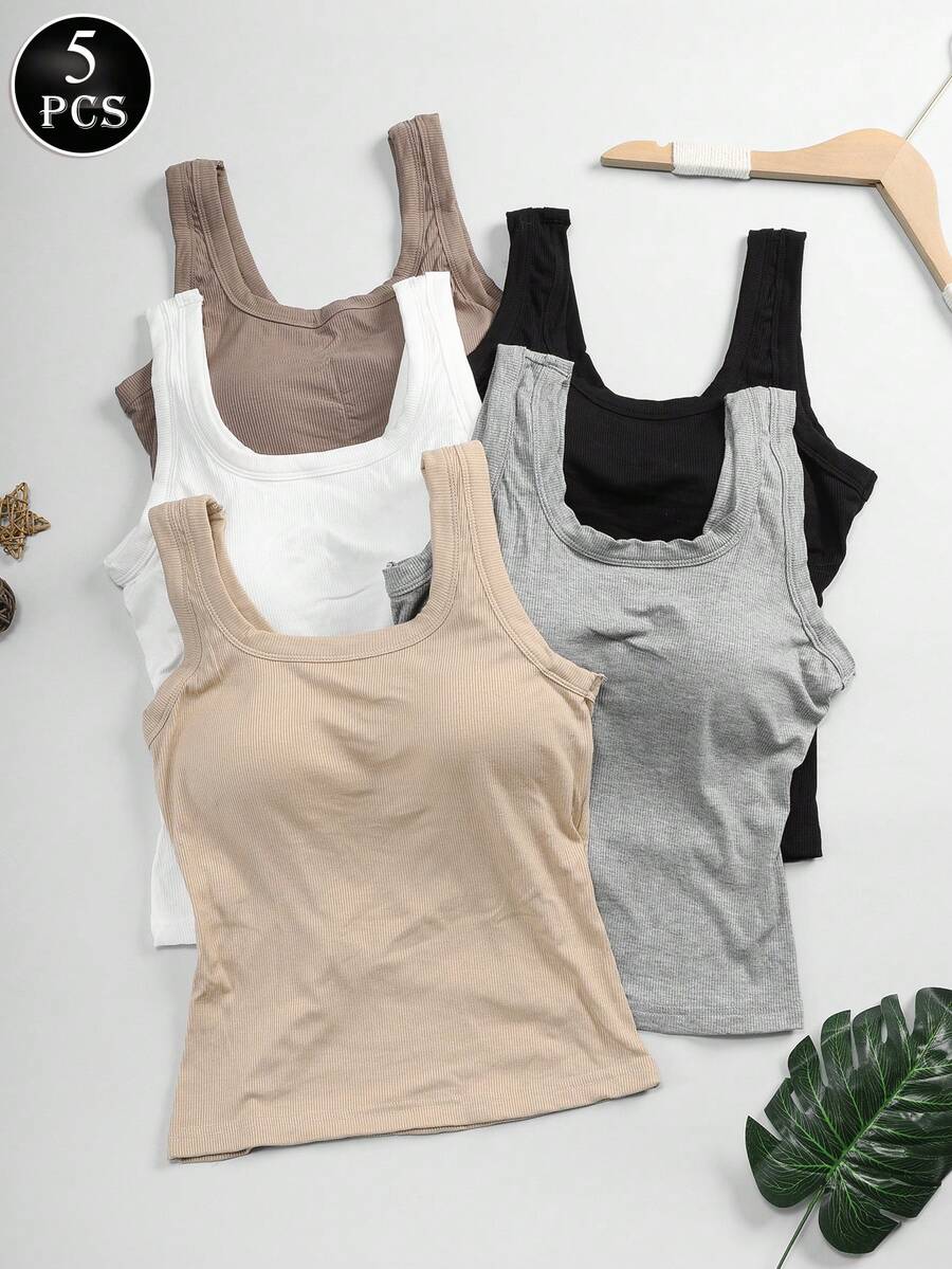 5pcs Seamless U-Back Ribbed Tank Tank Tops Women With Built-In Bras For Women, Solid Color Slim-Fit Essentials For Layering,, Exposed Shoulder Sleeveless For Spring Summer Fall Layering - Solid Color Machine-Washable, Beachwear & Casual, Summer Tops, Tank Tops - 彩色 - 查看 1