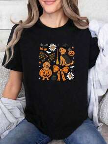 Halloween T-Shirt For Women And Men, With Cute Dog Patterns With Bow, Dalmatian Puppy, Pumpkin And Bat, Soft, Breathable, Loose Fit, Crew Neck, Short Sleeve, Spooky Style, Orange, Casual Party Outfit, Ideal Gift - 黑色 - 查看 6