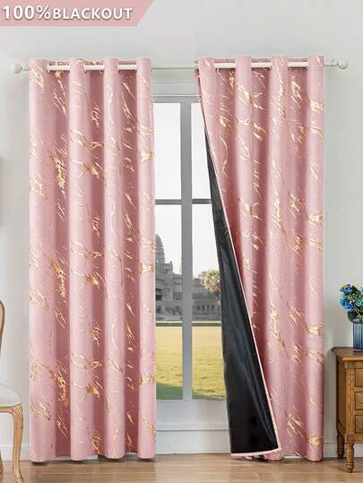 1pc/2pcs Gold Foil Blackout Curtains/Marble Gold Foil Curtains/Top Grommet Design/Blackout Lining/100% Blackout Privacy Curtains/Light Blocking Room Darkening Curtains/Living Room Bedroom Study Window Curtains