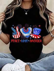 Women's Printed T-Shirt,  Women's T-Shirt, Patriotic Peace, Love, And America Design With American Flag Heart And Uncle Sam Hat For Independence Day Celebration. Summer T-Shirt. - 黑色 - 查看 8
