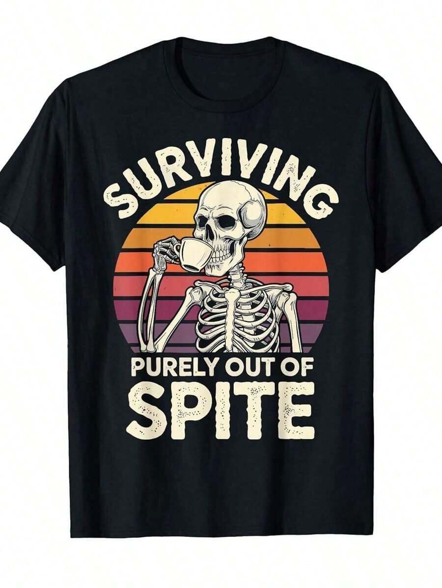 Vintage Men's Skeleton Coffee T-Shirt, Soft Cotton, Offset Graphic For Daily Wear And Summer. - 白色 - 查看 1