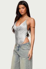 Womenacute;s Fringe Sparkly Crop Top Sequin Cowl Neck Fringed Halter Cami Tank Tops Y2k Disco Rave Club Outfits - Gris - Ver 2
