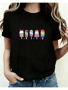 Camiseta Estampada para Mujer con Diseño Gráfico de Paletaíris - Camiseta Casual de Manga Corta y Cuello Redondo en Negro, Corte Relajado para Todas las Estaciones, Perfecta para el Uso Diario y Atuendos de Vacaciones, Lavable aáquina. - Negro - Ver 1