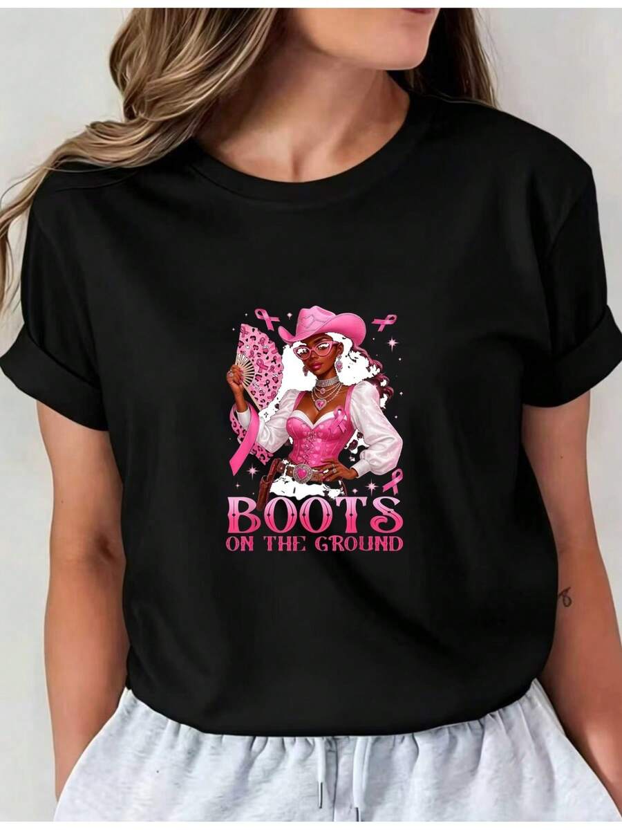 Camiseta Deportiva Casual para con Gráfico Colorido de Sombrero Vaquero - Camiseta Elástica de Cuello Redondo, Lavable aáquina, Ajuste Cómodo y Perfecta para Todas las Estaciones, Moda Femenina con Estilo Único. - Negro - Ver 1