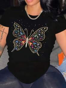 Camiseta Deportiva Casual para Mujer de Cuello Redondo en Negro con Colorido Diseño de Mariposa de Cuentas - Camiseta Elástica y Lavable aáquina, Ajuste Cómodo y para Todas las Estaciones, Estilo Único y Vibrante. - Negro - Ver 1